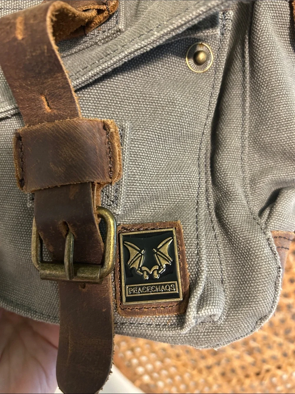 Peace Chaos Canvas Messenger Bag with Brown Leather Straps